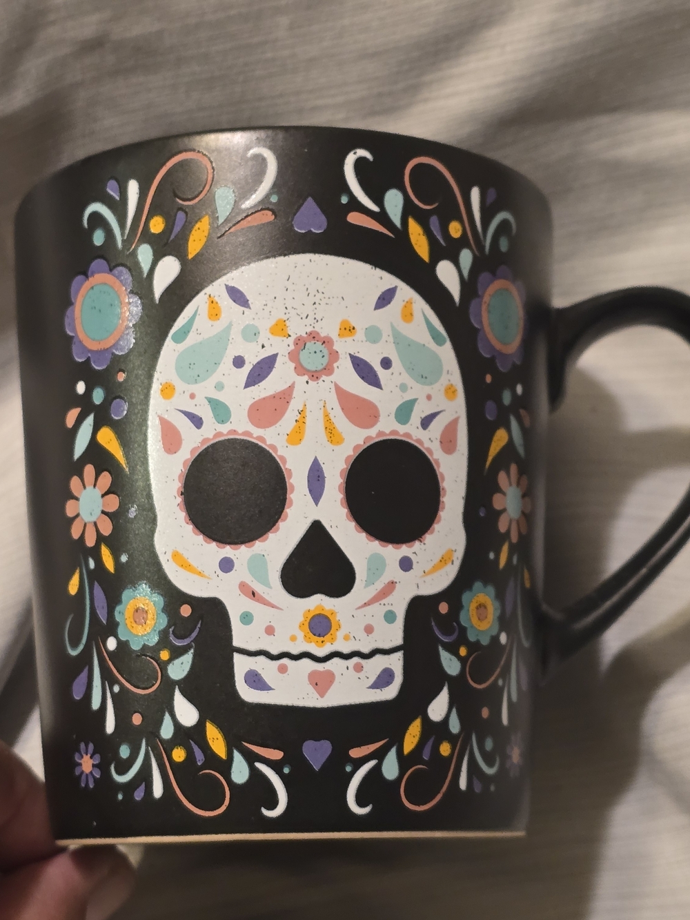 Black Ceramic Mug with Colorful Sugar Skull Design